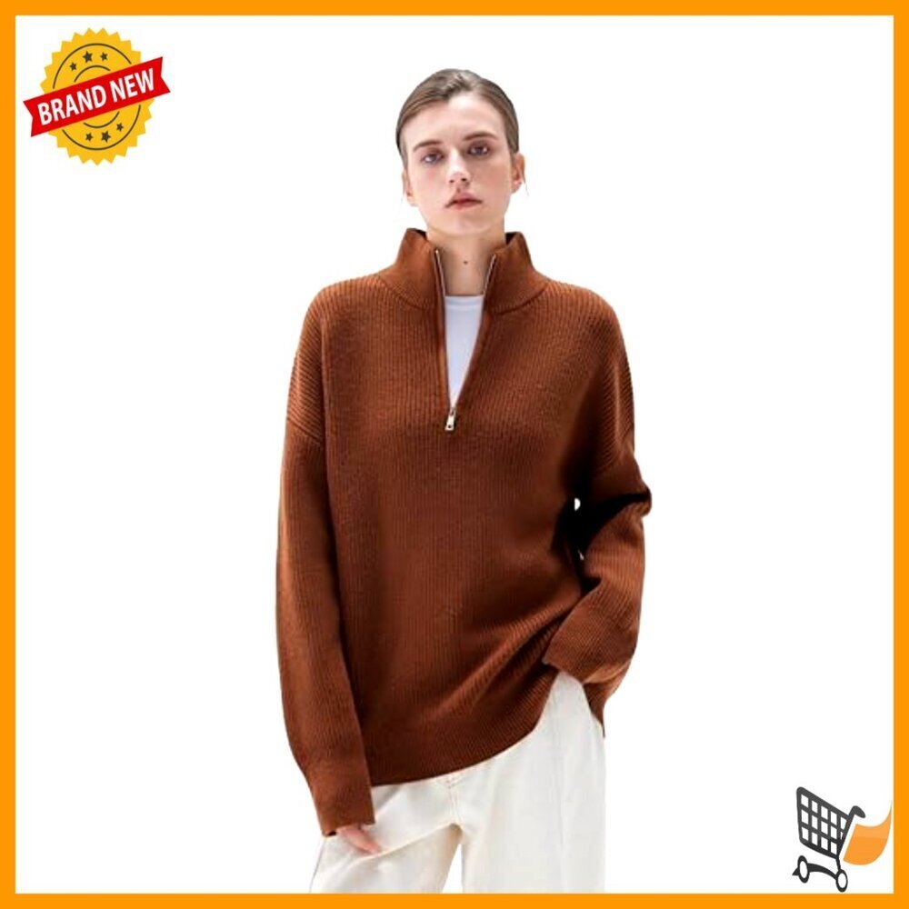 Oversized Cashmere Blend Quarter Zip Pullover Sweater Chunky Knit Cozy Minimal - Picture 2 of 7